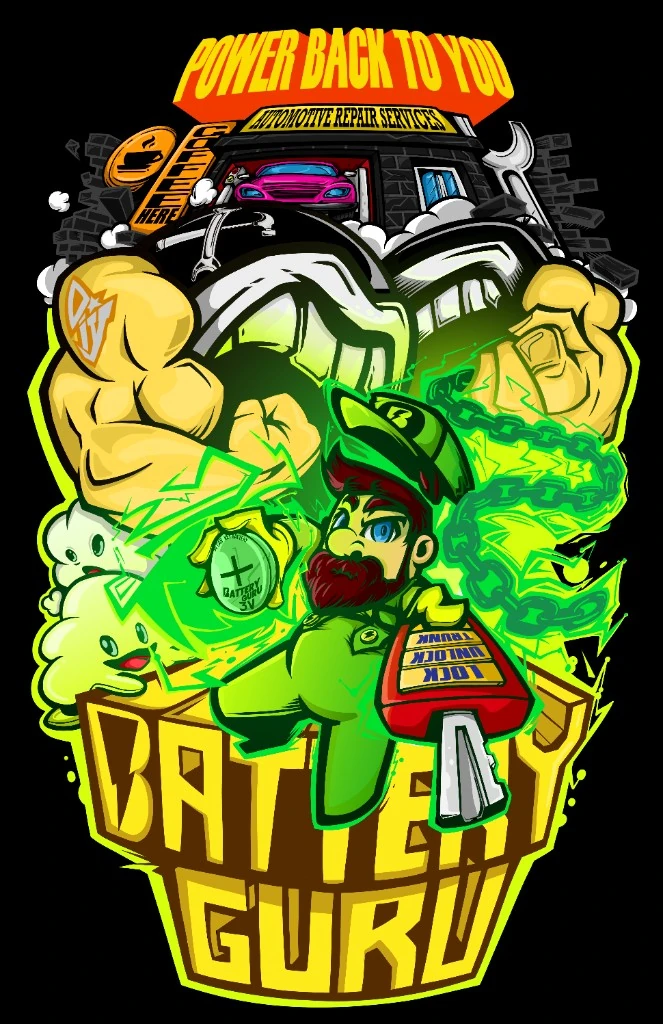 Battery Guru mascot character holding a coin cell battery and car key fob
