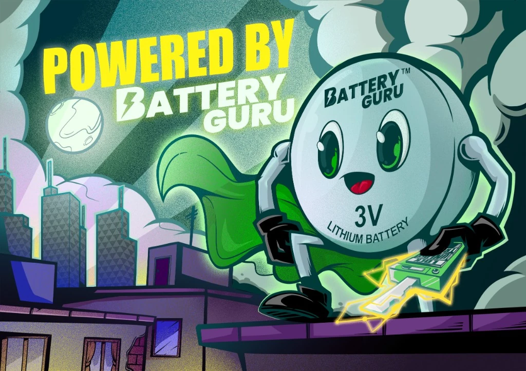 Comic-style Battery Guru lithium battery hero on a city rooftop holding a glowing car key