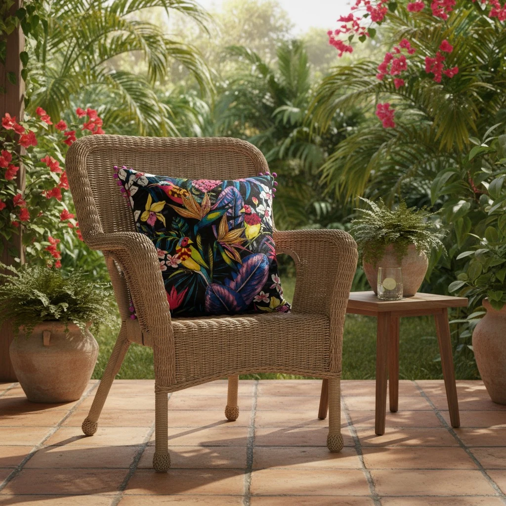 Wicker patio chair with tropical print pillow among garden foliage