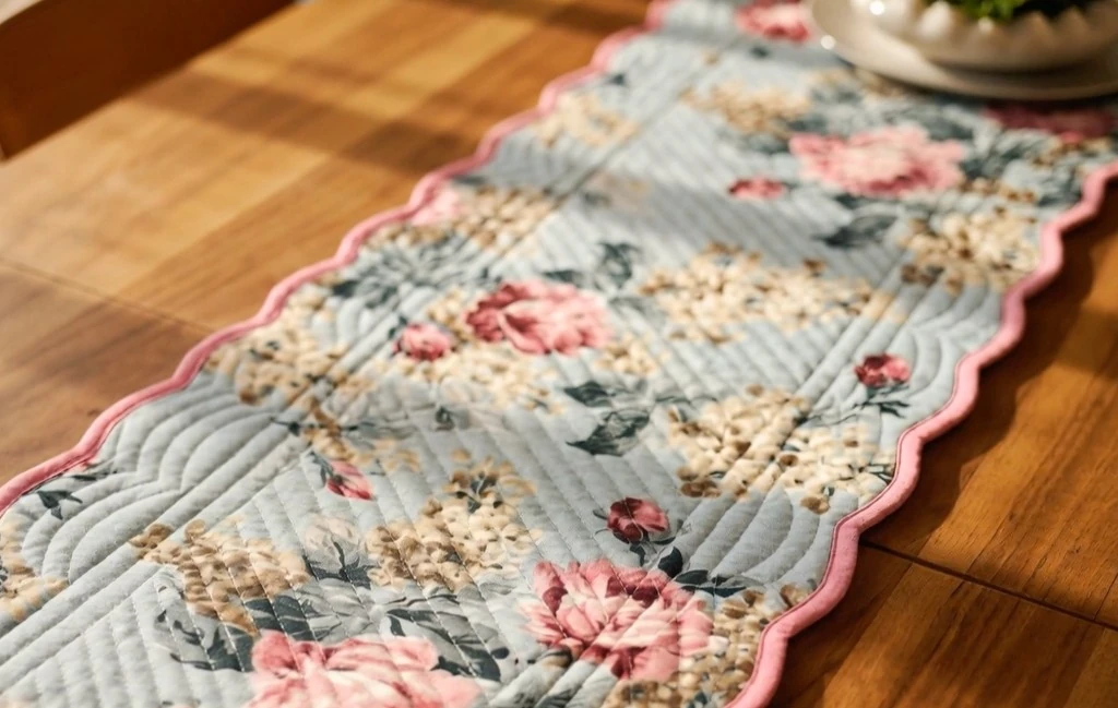 Quilted floral table runner on a sunlit wooden table
